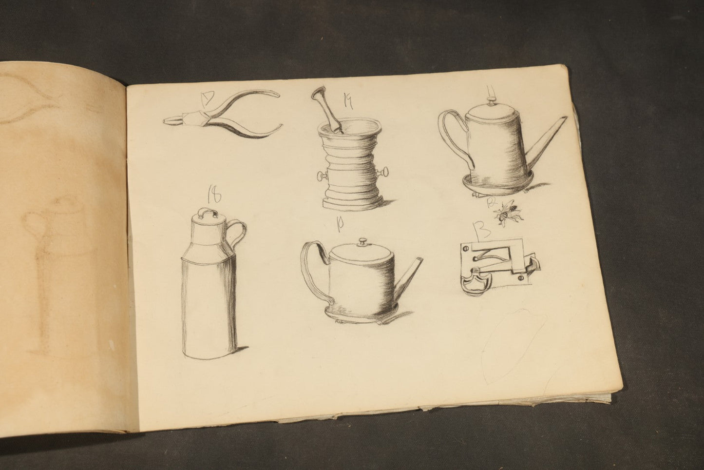 Antique Pencil Sketchbook with Rural Scenes, Still Life Studies, and Landscapes including Farm Equipment, Cow, Water Pump, and Towered Buildings