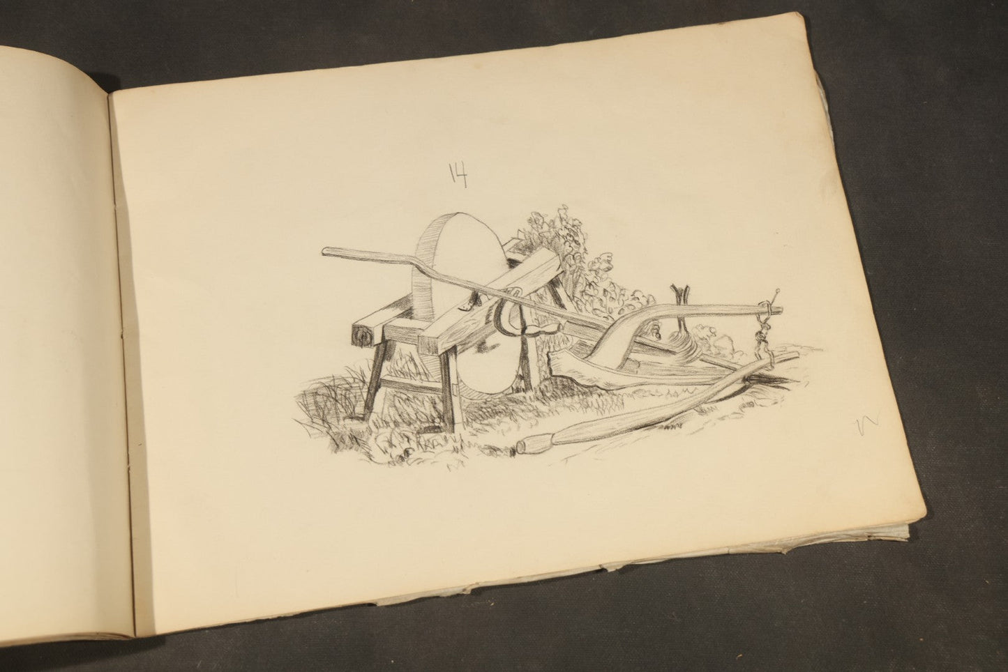Antique Pencil Sketchbook with Rural Scenes, Still Life Studies, and Landscapes including Farm Equipment, Cow, Water Pump, and Towered Buildings