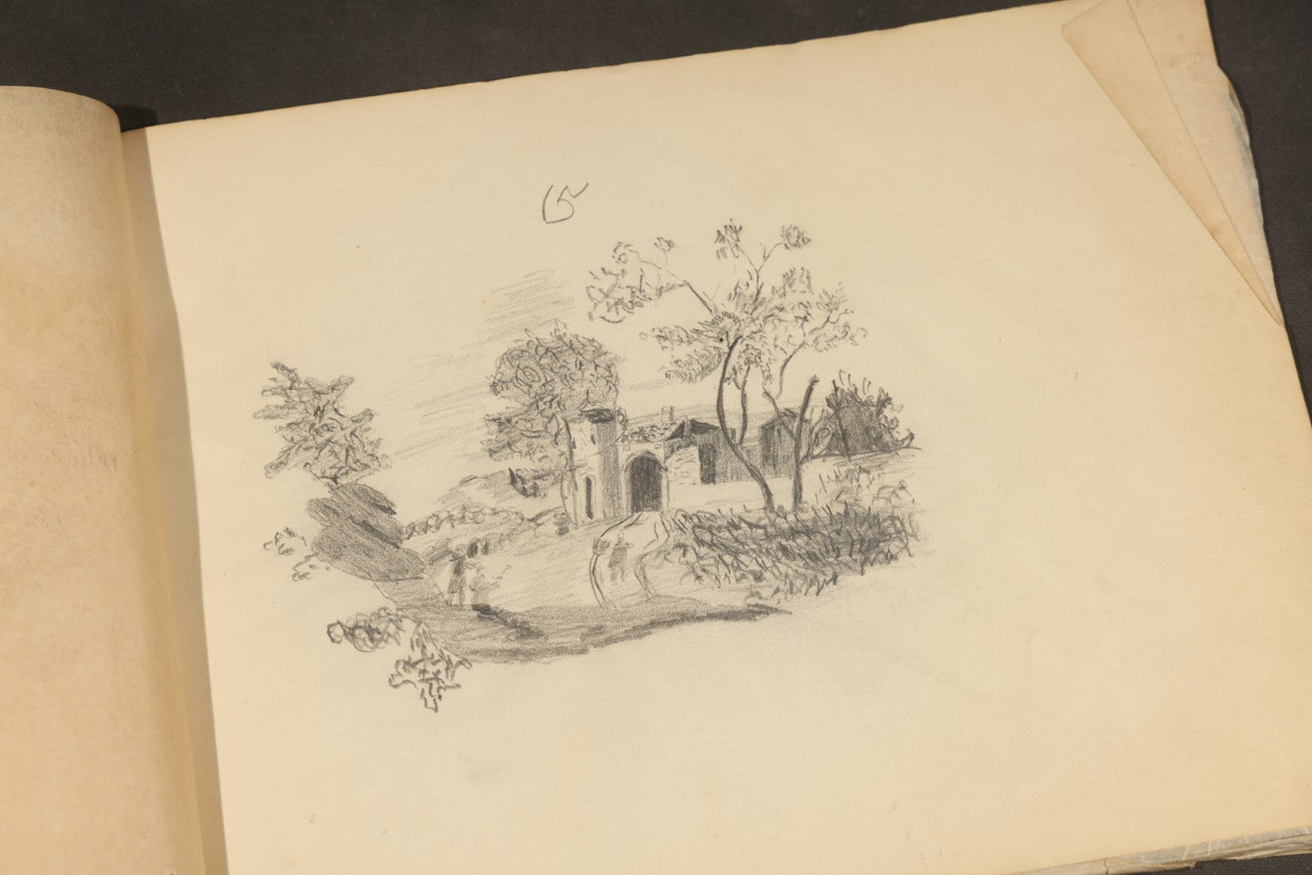 Antique Pencil Sketchbook with Rural Scenes, Still Life Studies, and Landscapes including Farm Equipment, Cow, Water Pump, and Towered Buildings