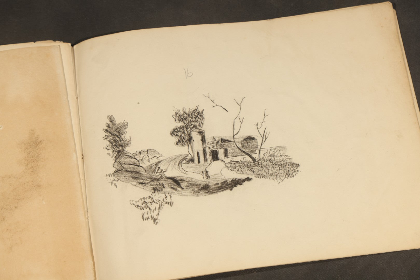 Antique Pencil Sketchbook with Rural Scenes, Still Life Studies, and Landscapes including Farm Equipment, Cow, Water Pump, and Towered Buildings