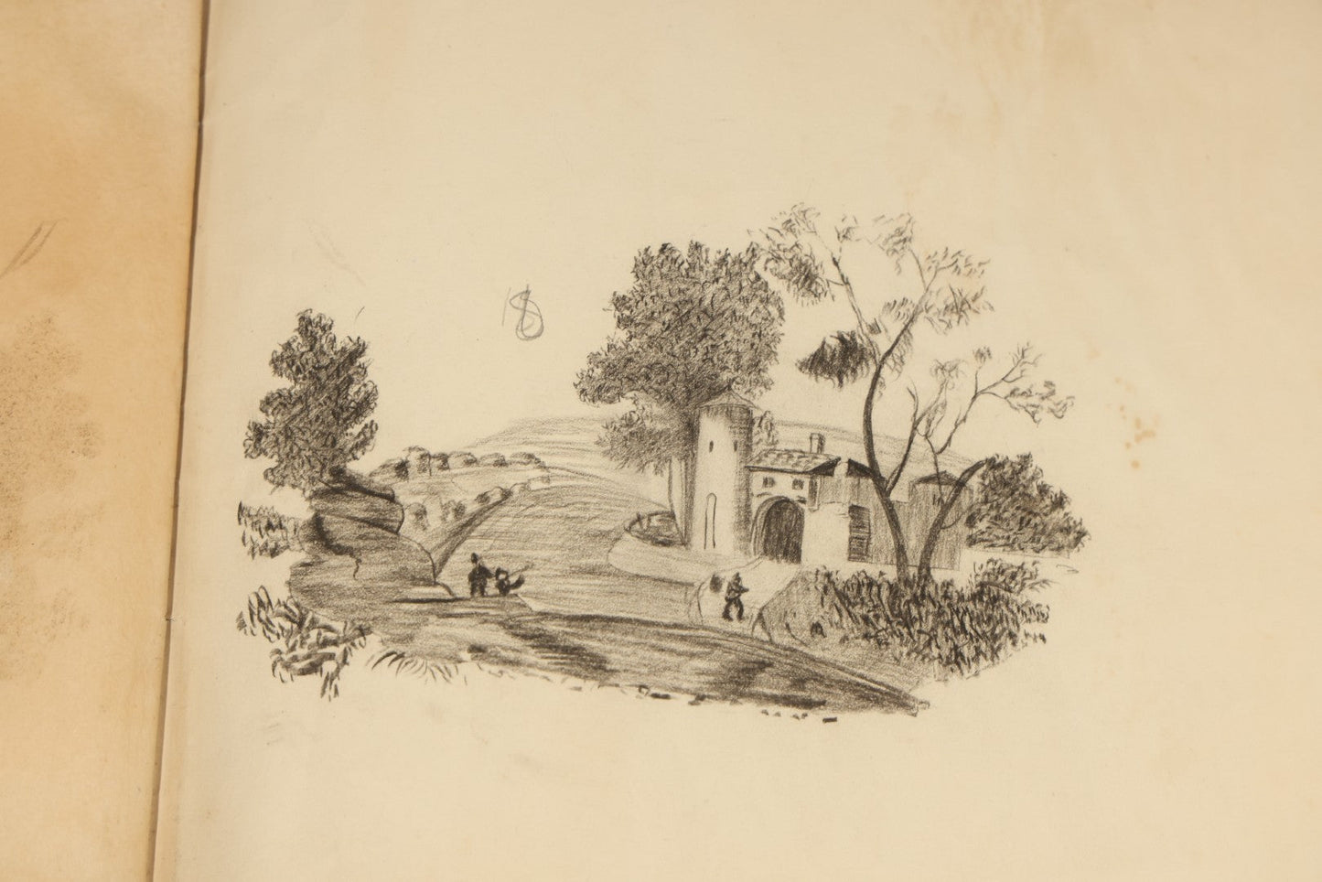 Antique Pencil Sketchbook with Rural Scenes, Still Life Studies, and Landscapes including Farm Equipment, Cow, Water Pump, and Towered Buildings