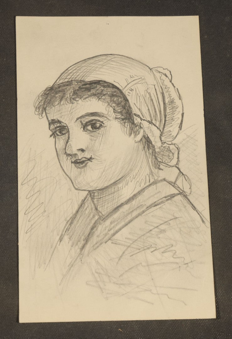 Grouping of 21 Antique Pen and Pencil Drawings on Paper of Women in Fashion, including Portraits, Seaside Bather, and Full-Figure Studies, One Dated June 1901
