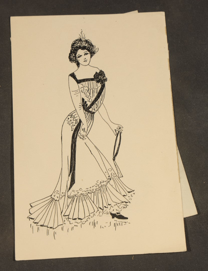 Grouping of 21 Antique Pen and Pencil Drawings on Paper of Women in Fashion, including Portraits, Seaside Bather, and Full-Figure Studies, One Dated June 1901