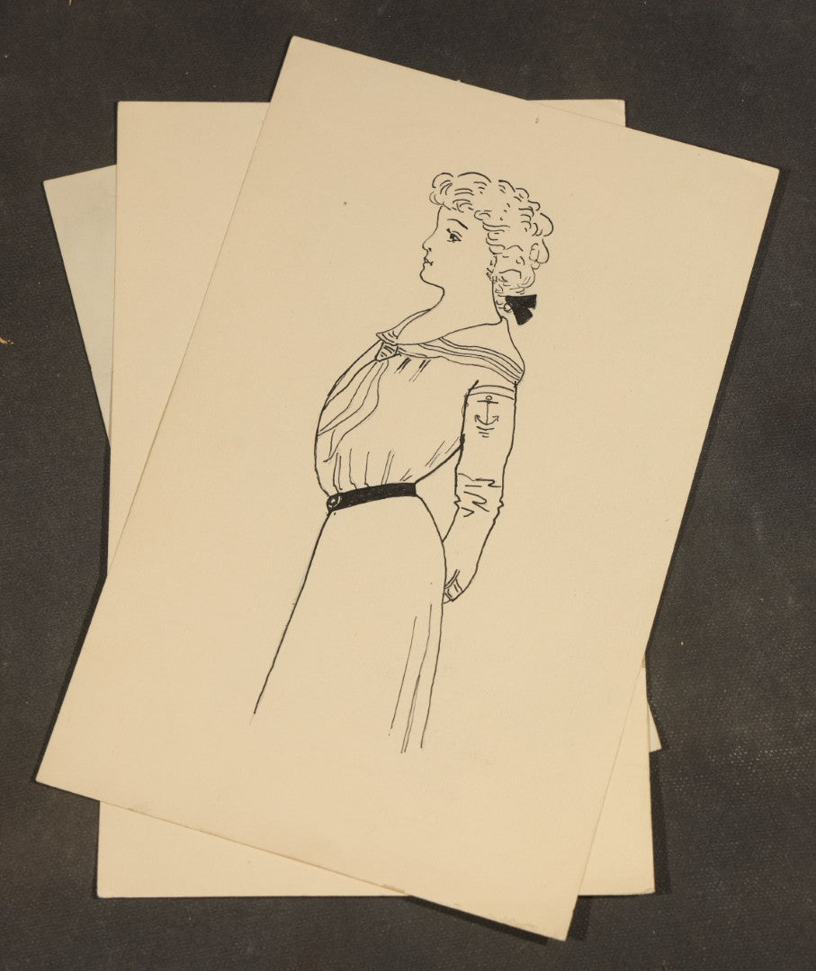 Grouping of 21 Antique Pen and Pencil Drawings on Paper of Women in Fashion, including Portraits, Seaside Bather, and Full-Figure Studies, One Dated June 1901