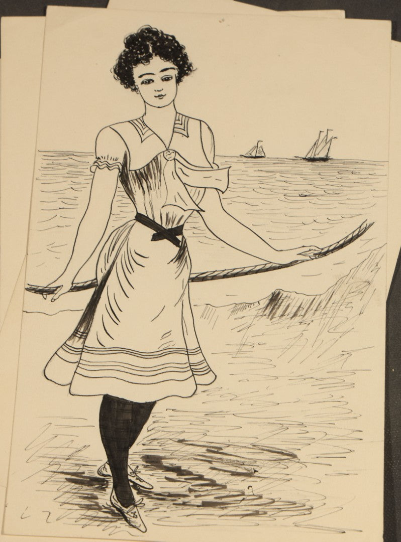 Grouping of 21 Antique Pen and Pencil Drawings on Paper of Women in Fashion, including Portraits, Seaside Bather, and Full-Figure Studies, One Dated June 1901