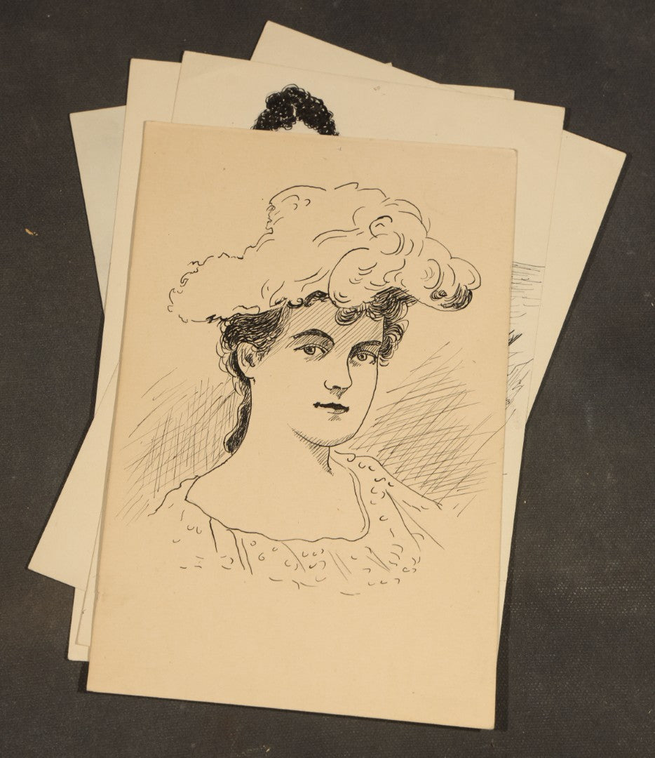 Grouping of 21 Antique Pen and Pencil Drawings on Paper of Women in Fashion, including Portraits, Seaside Bather, and Full-Figure Studies, One Dated June 1901