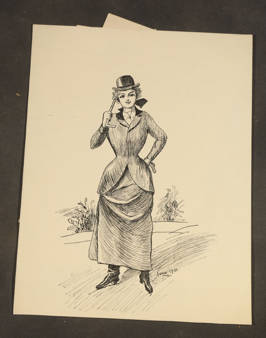 Grouping of 21 Antique Pen and Pencil Drawings on Paper of Women in Fashion, including Portraits, Seaside Bather, and Full-Figure Studies, One Dated June 1901