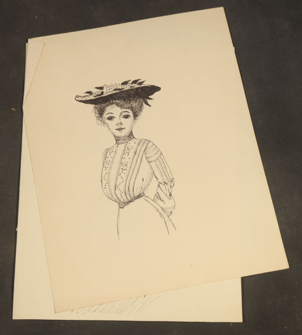 Grouping of 21 Antique Pen and Pencil Drawings on Paper of Women in Fashion, including Portraits, Seaside Bather, and Full-Figure Studies, One Dated June 1901