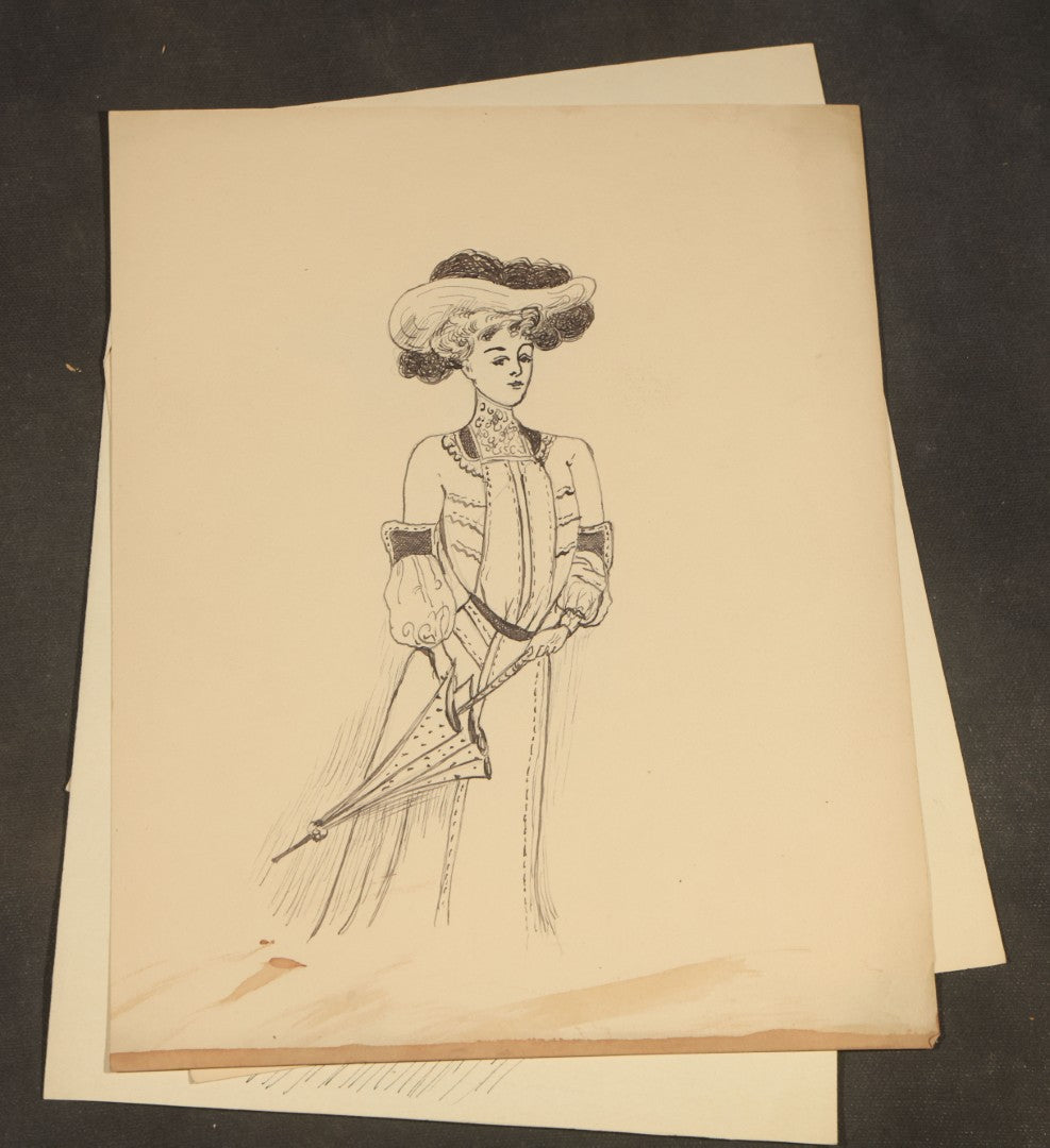 Grouping of 21 Antique Pen and Pencil Drawings on Paper of Women in Fashion, including Portraits, Seaside Bather, and Full-Figure Studies, One Dated June 1901