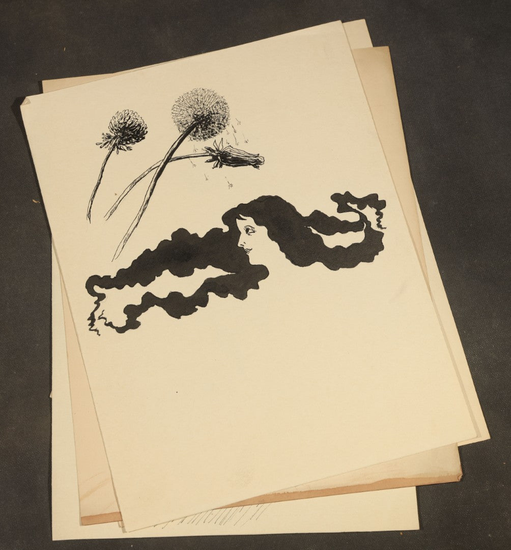 Grouping of 21 Antique Pen and Pencil Drawings on Paper of Women in Fashion, including Portraits, Seaside Bather, and Full-Figure Studies, One Dated June 1901