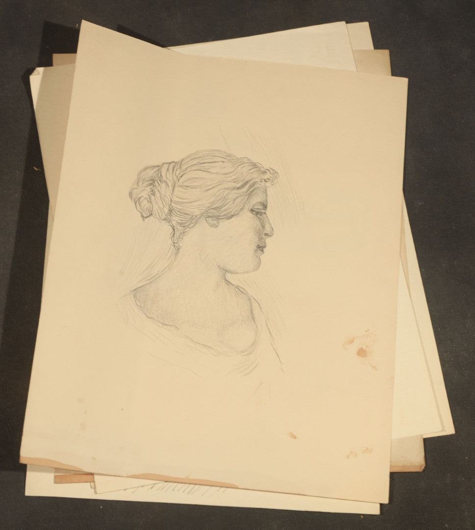 Grouping of 21 Antique Pen and Pencil Drawings on Paper of Women in Fashion, including Portraits, Seaside Bather, and Full-Figure Studies, One Dated June 1901
