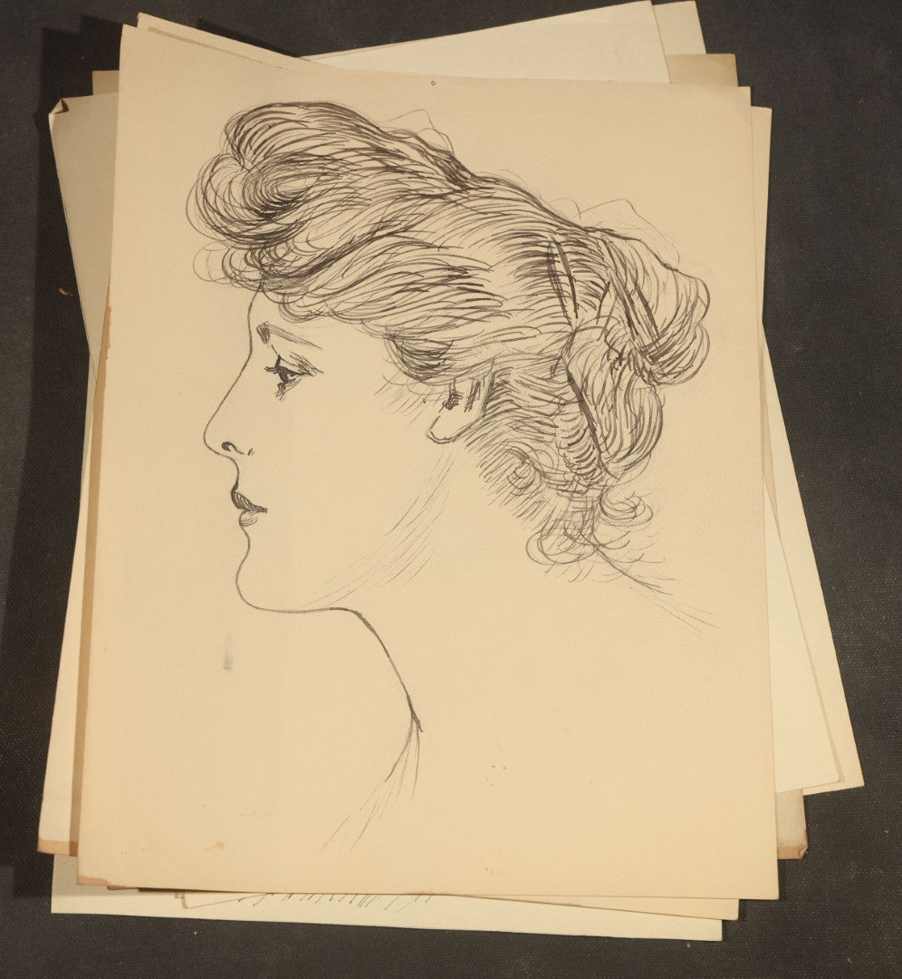 Grouping of 21 Antique Pen and Pencil Drawings on Paper of Women in Fashion, including Portraits, Seaside Bather, and Full-Figure Studies, One Dated June 1901