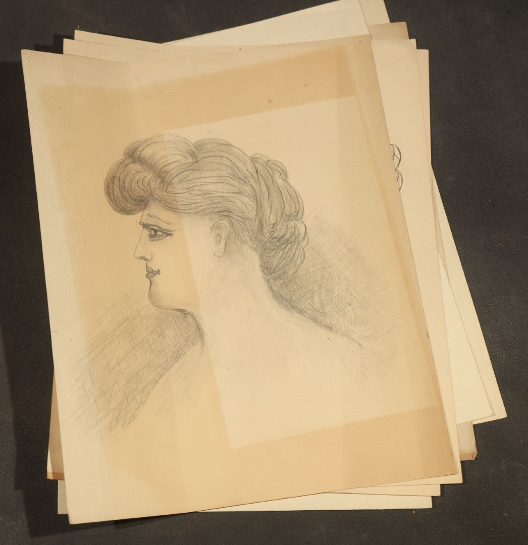 Grouping of 21 Antique Pen and Pencil Drawings on Paper of Women in Fashion, including Portraits, Seaside Bather, and Full-Figure Studies, One Dated June 1901
