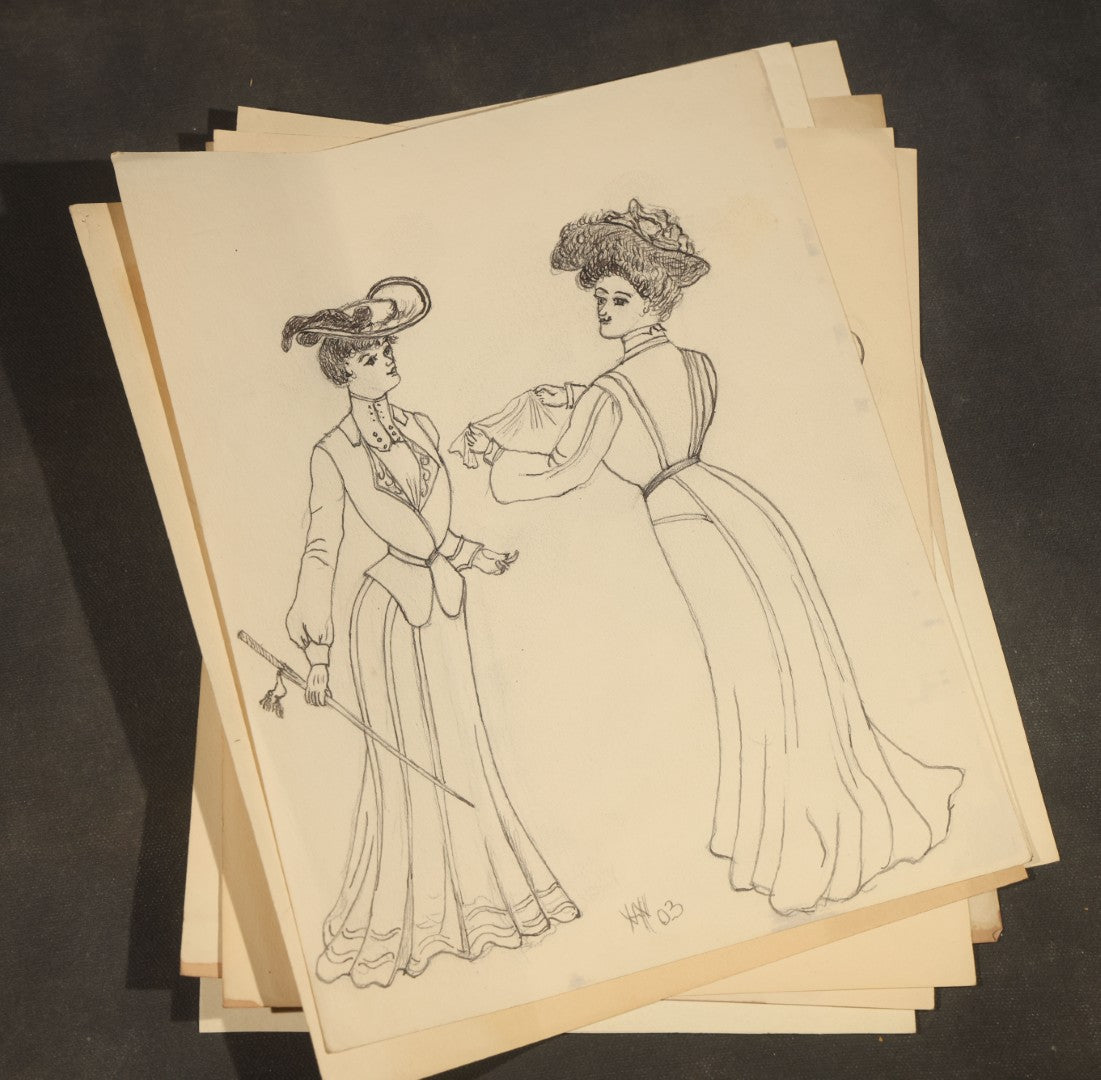 Grouping of 21 Antique Pen and Pencil Drawings on Paper of Women in Fashion, including Portraits, Seaside Bather, and Full-Figure Studies, One Dated June 1901