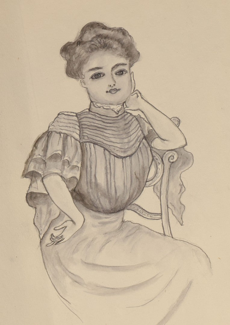 Grouping of 21 Antique Pen and Pencil Drawings on Paper of Women in Fashion, including Portraits, Seaside Bather, and Full-Figure Studies, One Dated June 1901