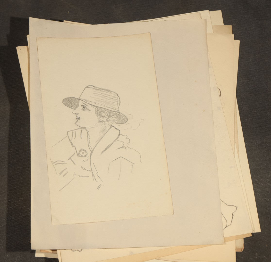 Grouping of 21 Antique Pen and Pencil Drawings on Paper of Women in Fashion, including Portraits, Seaside Bather, and Full-Figure Studies, One Dated June 1901