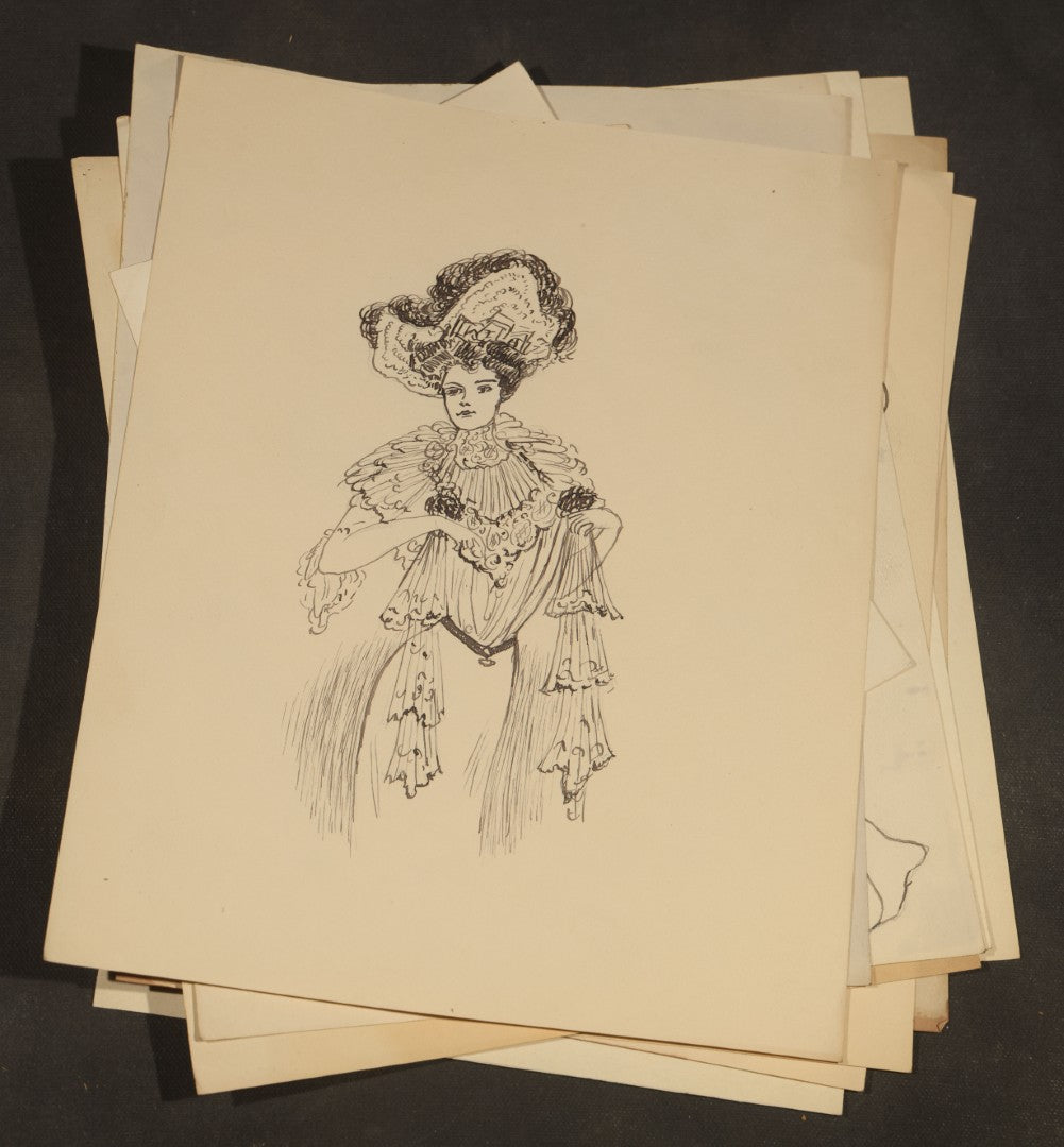 Grouping of 21 Antique Pen and Pencil Drawings on Paper of Women in Fashion, including Portraits, Seaside Bather, and Full-Figure Studies, One Dated June 1901