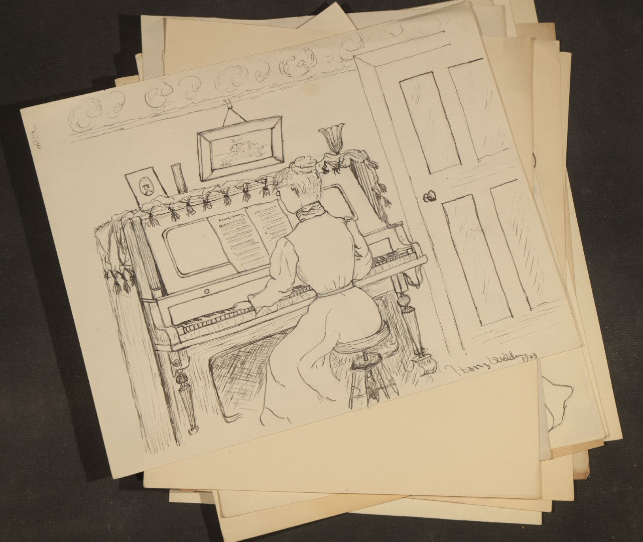 Grouping of 21 Antique Pen and Pencil Drawings on Paper of Women in Fashion, including Portraits, Seaside Bather, and Full-Figure Studies, One Dated June 1901