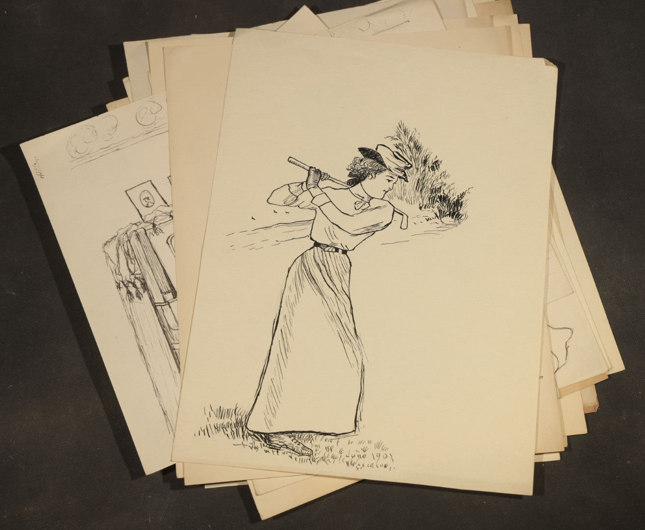 Grouping of 21 Antique Pen and Pencil Drawings on Paper of Women in Fashion, including Portraits, Seaside Bather, and Full-Figure Studies, One Dated June 1901