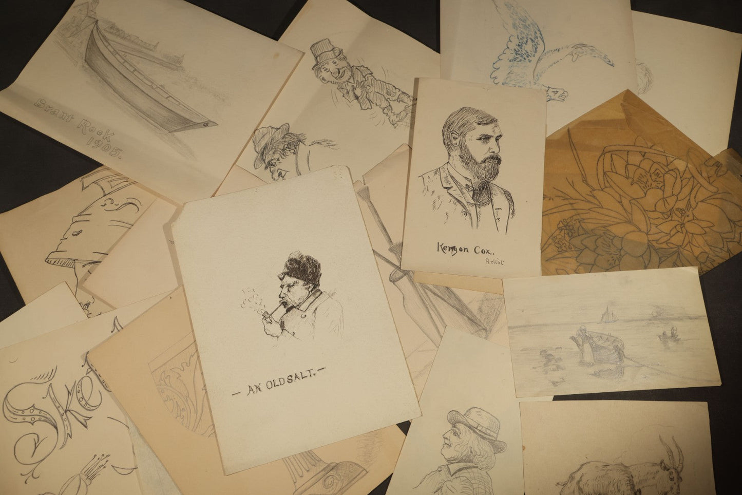 Grouping of 20 Antique Pen and Pencil Sketches including Portraits, Coastal Scene, Goat, Flowers, and "An Old Salt" Pipe Smoker, with Decorative "Sketches" Cover Sheet
