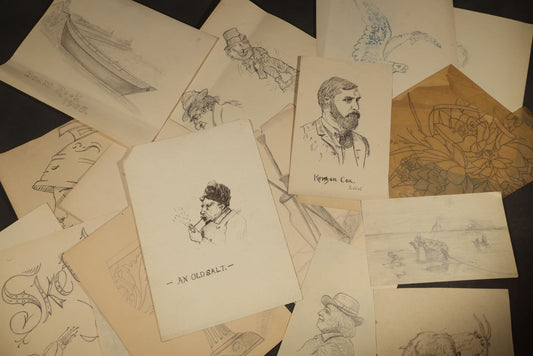 Grouping of 20 Antique Pen and Pencil Sketches including Portraits, Coastal Scene, Goat, Flowers, and "An Old Salt" Pipe Smoker, with Decorative "Sketches" Cover Sheet