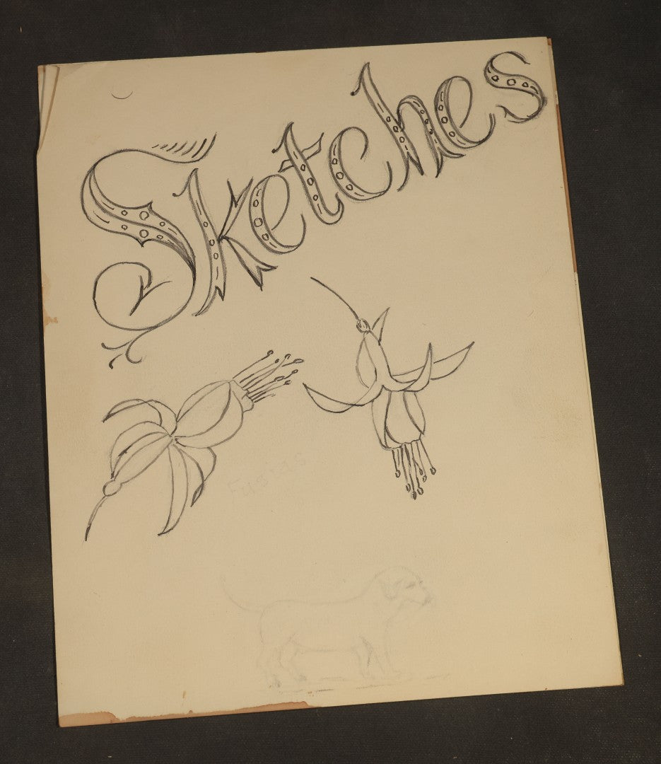 Grouping of 20 Antique Pen and Pencil Sketches including Portraits, Coastal Scene, Goat, Flowers, and "An Old Salt" Pipe Smoker, with Decorative "Sketches" Cover Sheet
