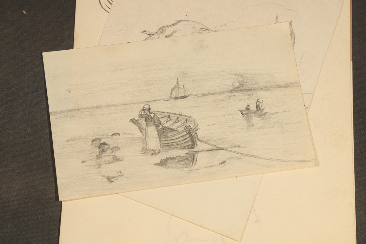 Grouping of 20 Antique Pen and Pencil Sketches including Portraits, Coastal Scene, Goat, Flowers, and "An Old Salt" Pipe Smoker, with Decorative "Sketches" Cover Sheet