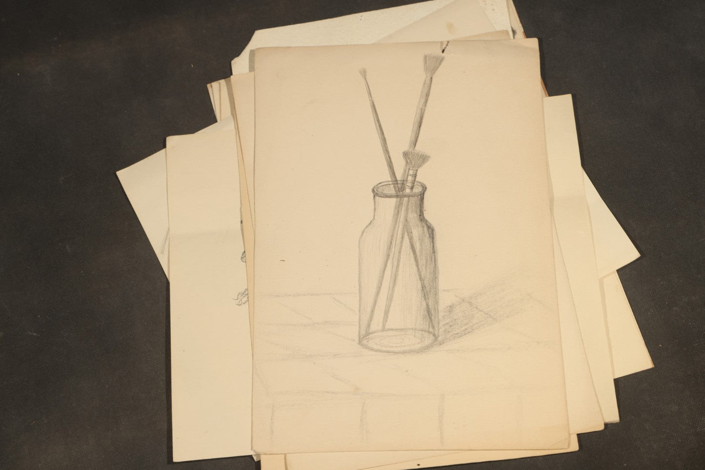 Grouping of 20 Antique Pen and Pencil Sketches including Portraits, Coastal Scene, Goat, Flowers, and "An Old Salt" Pipe Smoker, with Decorative "Sketches" Cover Sheet