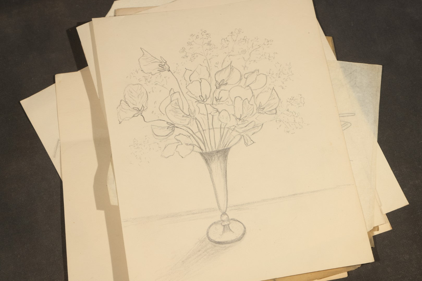 Grouping of 20 Antique Pen and Pencil Sketches including Portraits, Coastal Scene, Goat, Flowers, and "An Old Salt" Pipe Smoker, with Decorative "Sketches" Cover Sheet