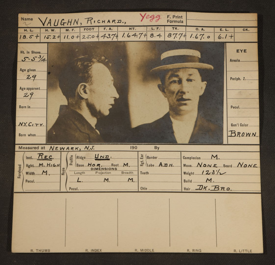 Antique Real-Photo Police Mugshot and Arrest Card for Richard Vaughn, Yeggman, Criminal Specialty Safe Blowing, Arrested for Burglary, Newark, New Jersey, Circa 1900s