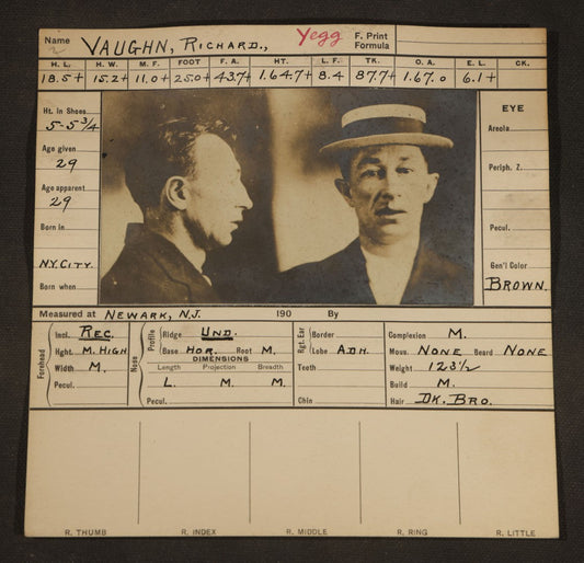 Antique Real-Photo Police Mugshot and Arrest Card for Richard Vaughn, Yeggman, Criminal Specialty Safe Blowing, Arrested for Burglary, Newark, New Jersey, Circa 1900s