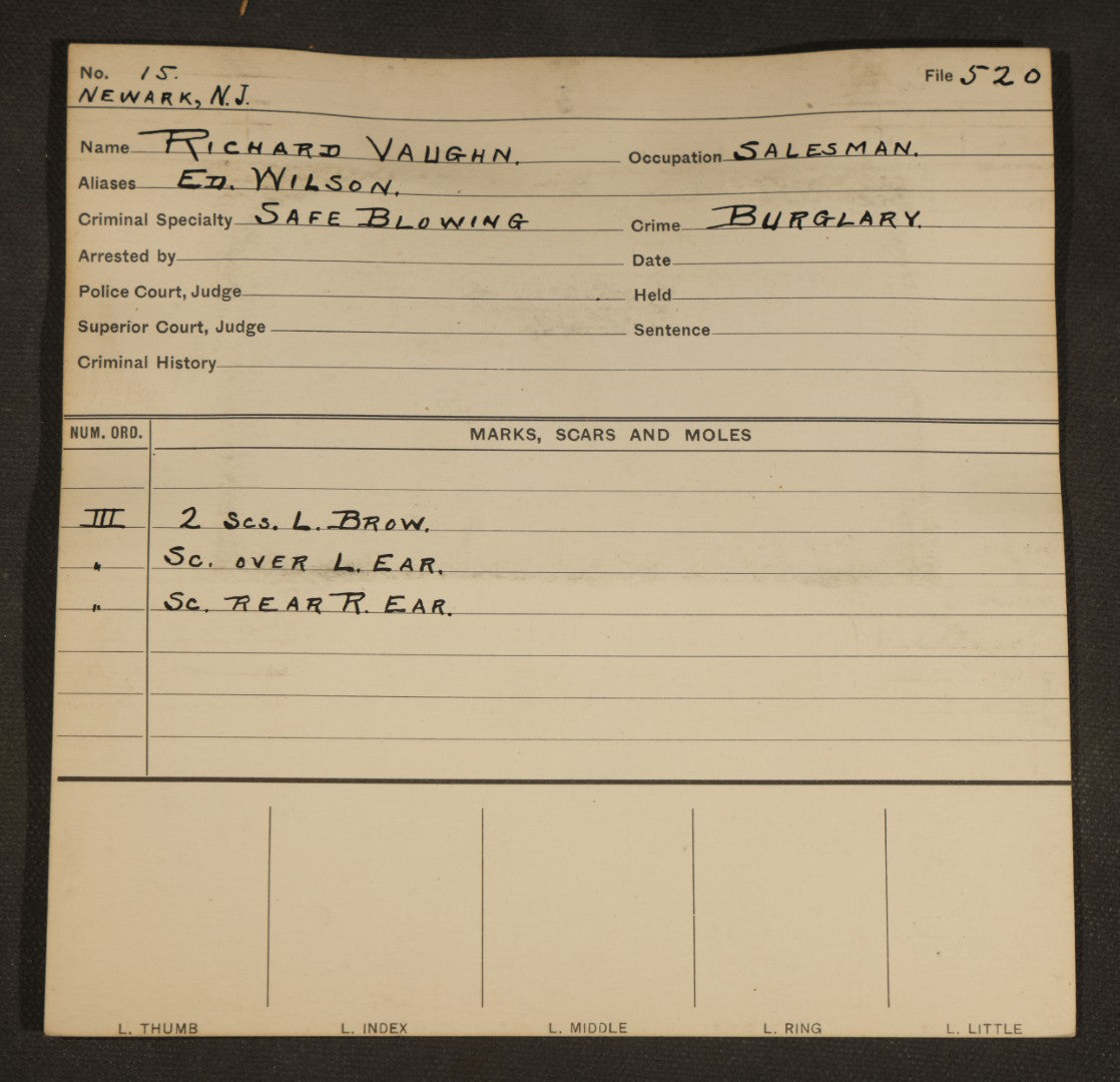 Antique Real-Photo Police Mugshot and Arrest Card for Richard Vaughn, Yeggman, Criminal Specialty Safe Blowing, Arrested for Burglary, Newark, New Jersey, Circa 1900s