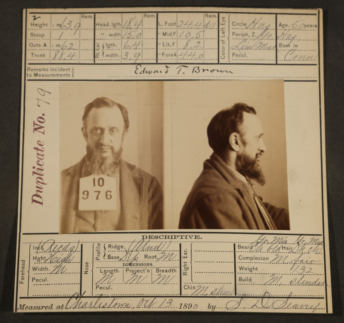 Antique Real-Photo Police Mugshot and Arrest Card for Edward T. Brown, Arrested for Breaking and Entering, Bertillon Measurements Taken at Charlestown, 1890, Massachusetts State Prison