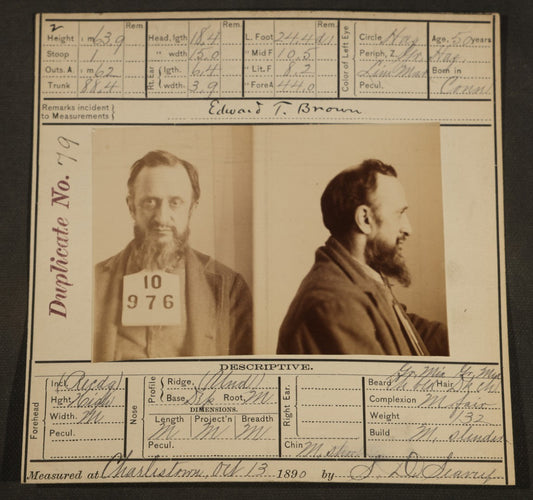 Antique Real-Photo Police Mugshot and Arrest Card for Edward T. Brown, Arrested for Breaking and Entering, Bertillon Measurements Taken at Charlestown, 1890, Massachusetts State Prison