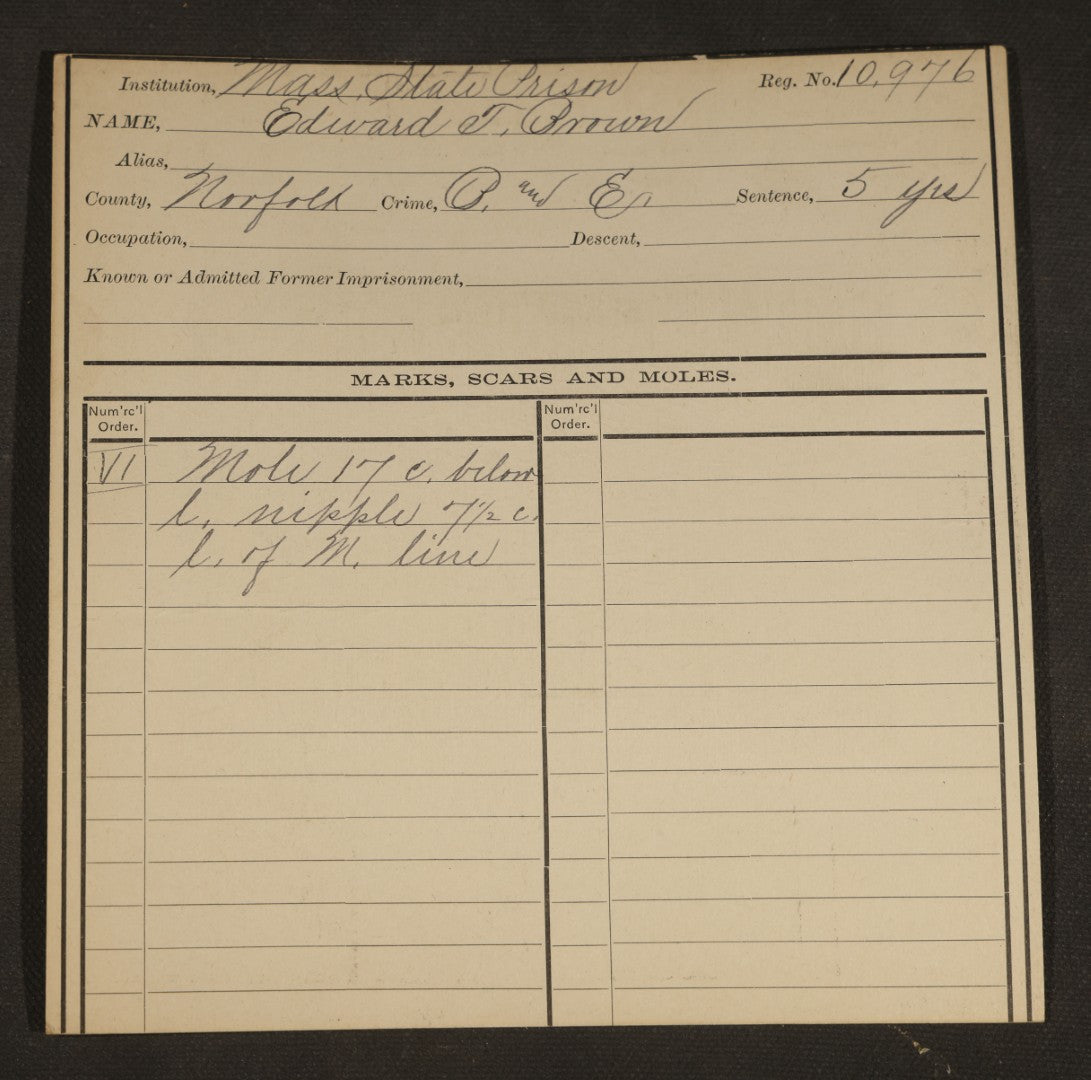 Antique Real-Photo Police Mugshot and Arrest Card for Edward T. Brown, Arrested for Breaking and Entering, Bertillon Measurements Taken at Charlestown, 1890, Massachusetts State Prison