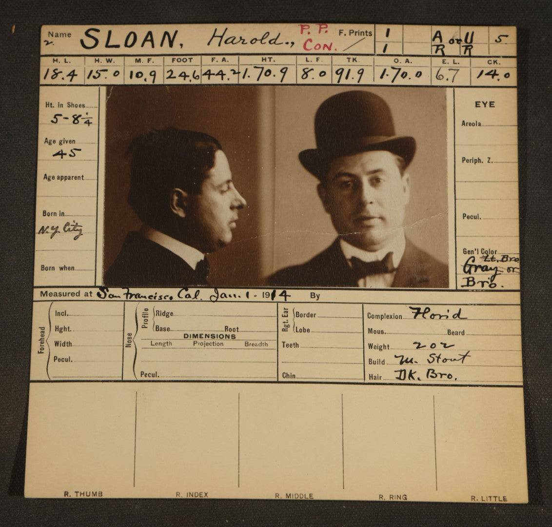 Antique Real-Photo Police Mugshot and Arrest Card for Harold Sloan, Pickpocket and Con Man, Multiple Aliases, San Francisco, California Police Department, 1914