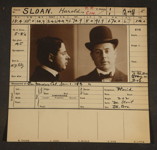 Antique Real-Photo Police Mugshot and Arrest Card for Harold Sloan, Pickpocket and Con Man, Multiple Aliases, San Francisco, California Police Department, 1914