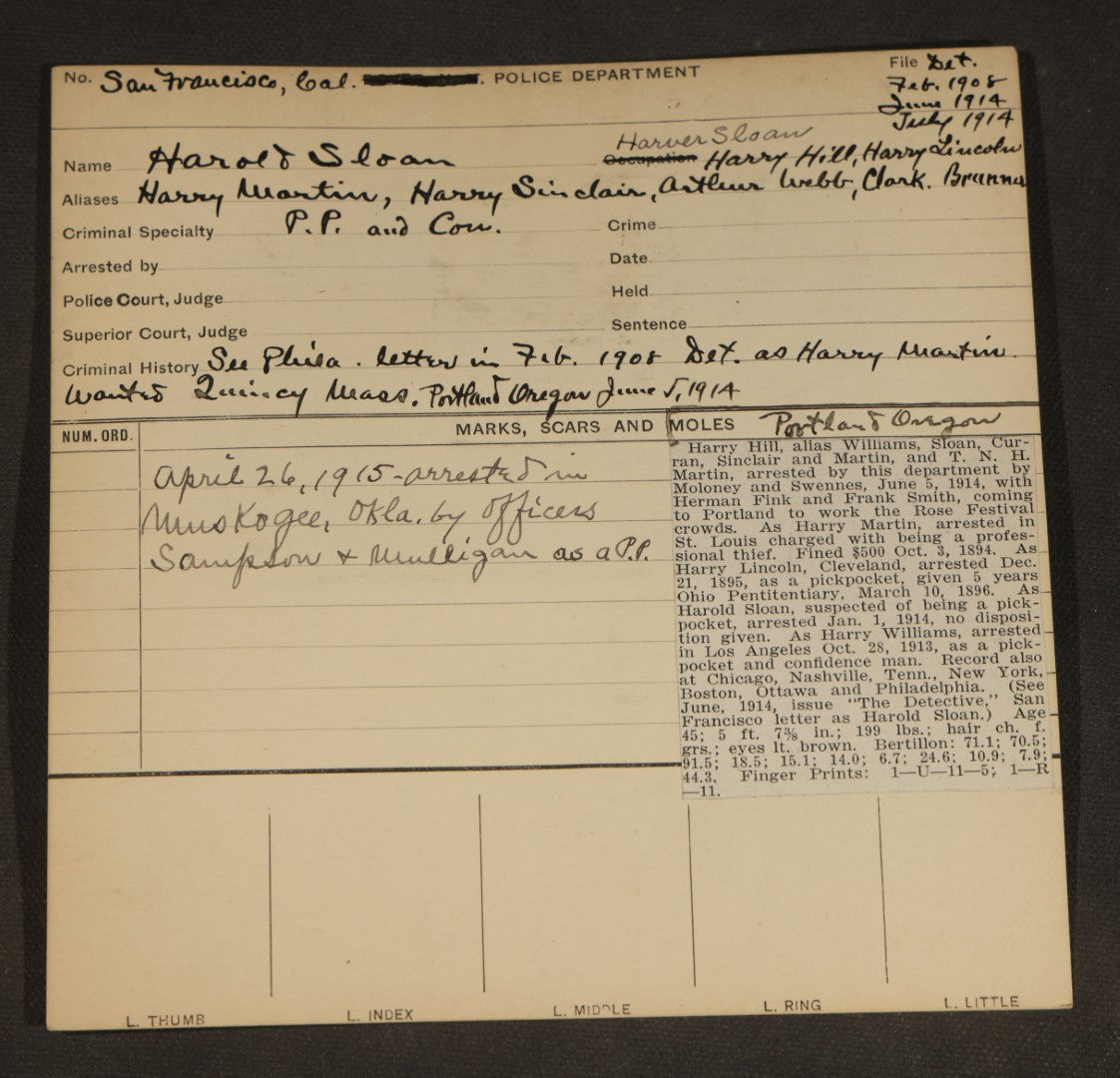 Antique Real-Photo Police Mugshot and Arrest Card for Harold Sloan, Pickpocket and Con Man, Multiple Aliases, San Francisco, California Police Department, 1914