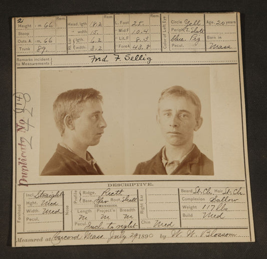 Antique Real-Photo Police Mugshot and Arrest Card for Fred. F. Sellig, Arrested for Larceny, Massachusetts Reformatory, Concord, Massachusetts, 1890