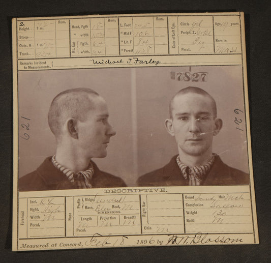 Antique Real-Photo Mugshot and Reformatory Record Card for Michael J. Farley, Arrested for Breaking and Entering, Massachusetts Reformatory, Concord, Massachusetts, 1896