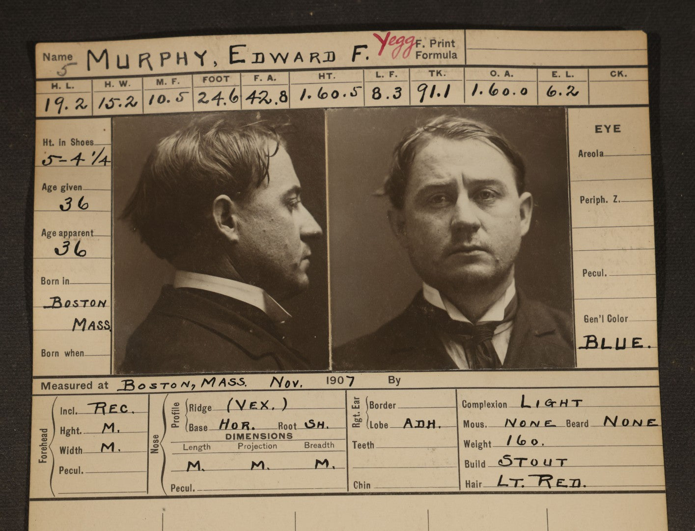 Antique Real-Photo Police Mugshot and Arrest Card for Edward F. Murphy, Yeggman, Criminal Specialty Safe Blowing, Arrested for Safe Blowing, Boston, Massachusetts, 1907