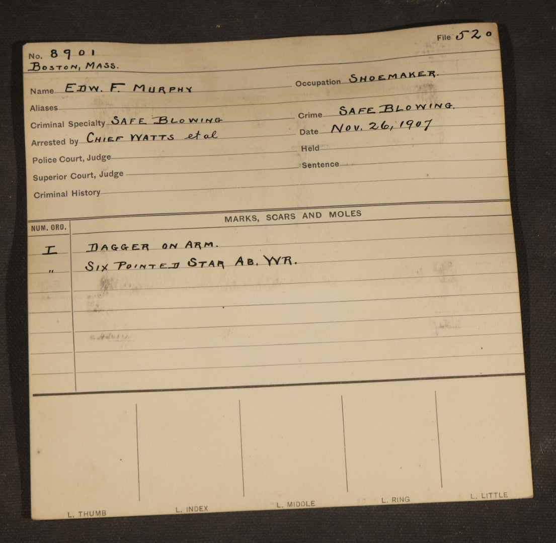 Antique Real-Photo Police Mugshot and Arrest Card for Edward F. Murphy, Yeggman, Criminal Specialty Safe Blowing, Arrested for Safe Blowing, Boston, Massachusetts, 1907