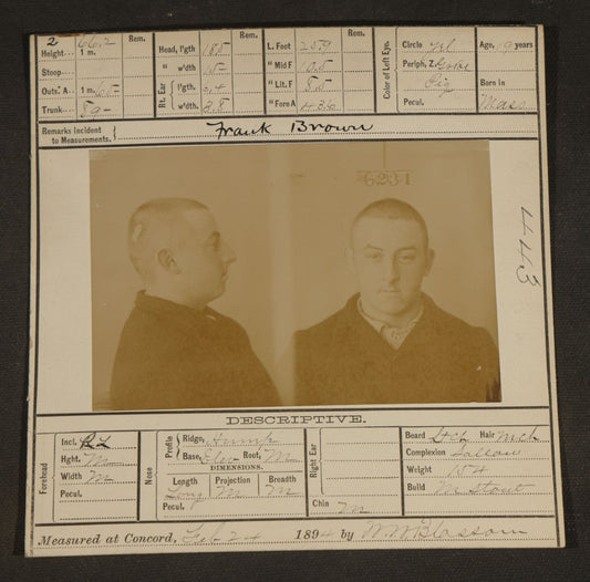 Antique Real-Photo Police Mugshot and Arrest Card for Frank Brown, Criminal Specialty Breaking and Entering and Larceny, Massachusetts Reformatory, Concord, Massachusetts, 1894