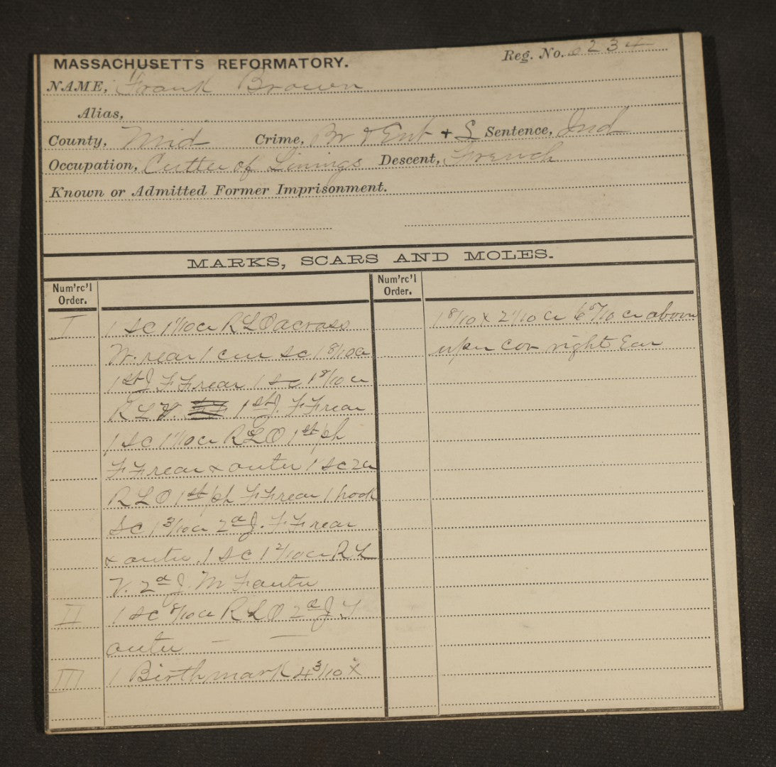 Antique Real-Photo Police Mugshot and Arrest Card for Frank Brown, Criminal Specialty Breaking and Entering and Larceny, Massachusetts Reformatory, Concord, Massachusetts, 1894