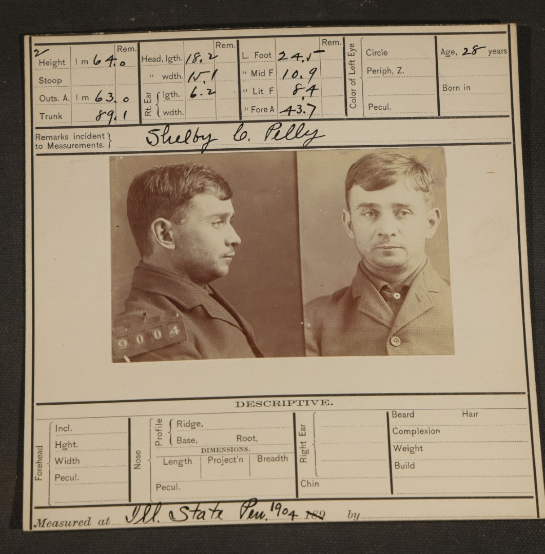 Antique Real-Photo Prison Mugshot and Bertillon Card for Shelby C. Pelly, Farmer, Crime Horse Stealing, McLean County, Illinois State Penitentiary, Received 1904, Paroled 1906