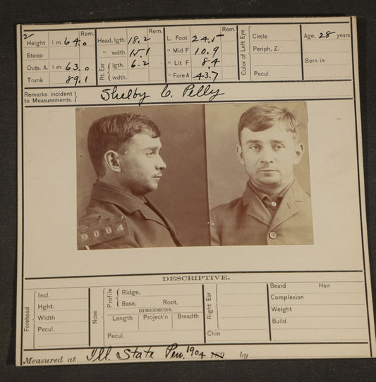 Antique Real-Photo Prison Mugshot and Bertillon Card for Shelby C. Pelly, Farmer, Crime Horse Stealing, McLean County, Illinois State Penitentiary, Received 1904, Paroled 1906