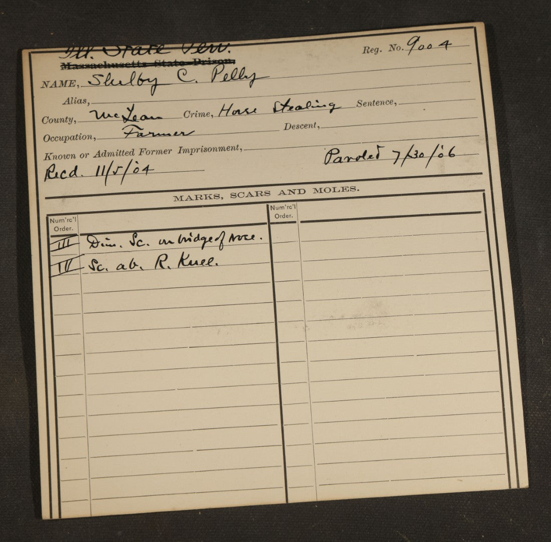 Antique Real-Photo Prison Mugshot and Bertillon Card for Shelby C. Pelly, Farmer, Crime Horse Stealing, McLean County, Illinois State Penitentiary, Received 1904, Paroled 1906