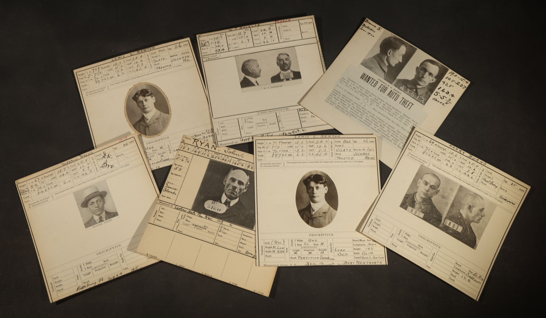 Grouping of Seven Antique Police Mugshot and Arrest Cards with Printed Photographs including John Ryan, Wanted for Auto Theft