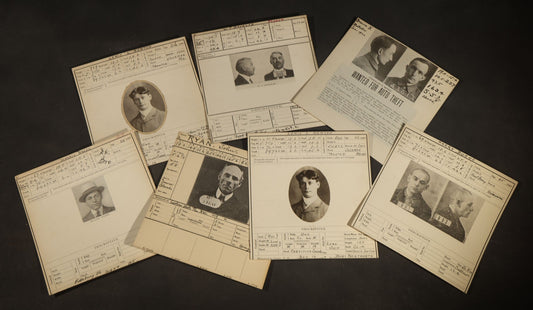 Grouping of Seven Antique Police Mugshot and Arrest Cards with Printed Photographs including John Ryan, Wanted for Auto Theft