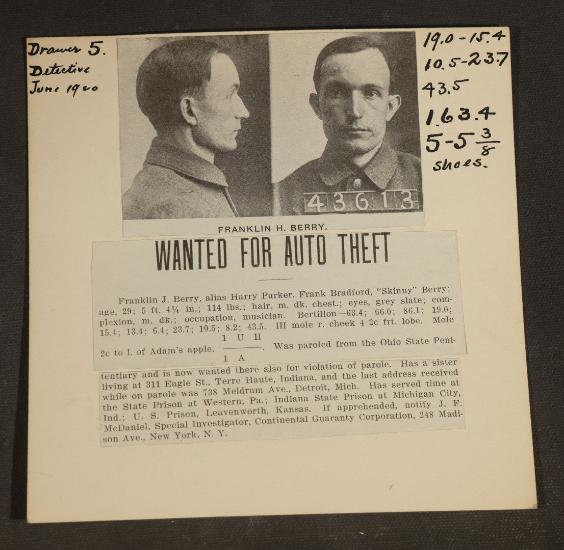 Grouping of Seven Antique Police Mugshot and Arrest Cards with Printed Photographs including John Ryan, Wanted for Auto Theft